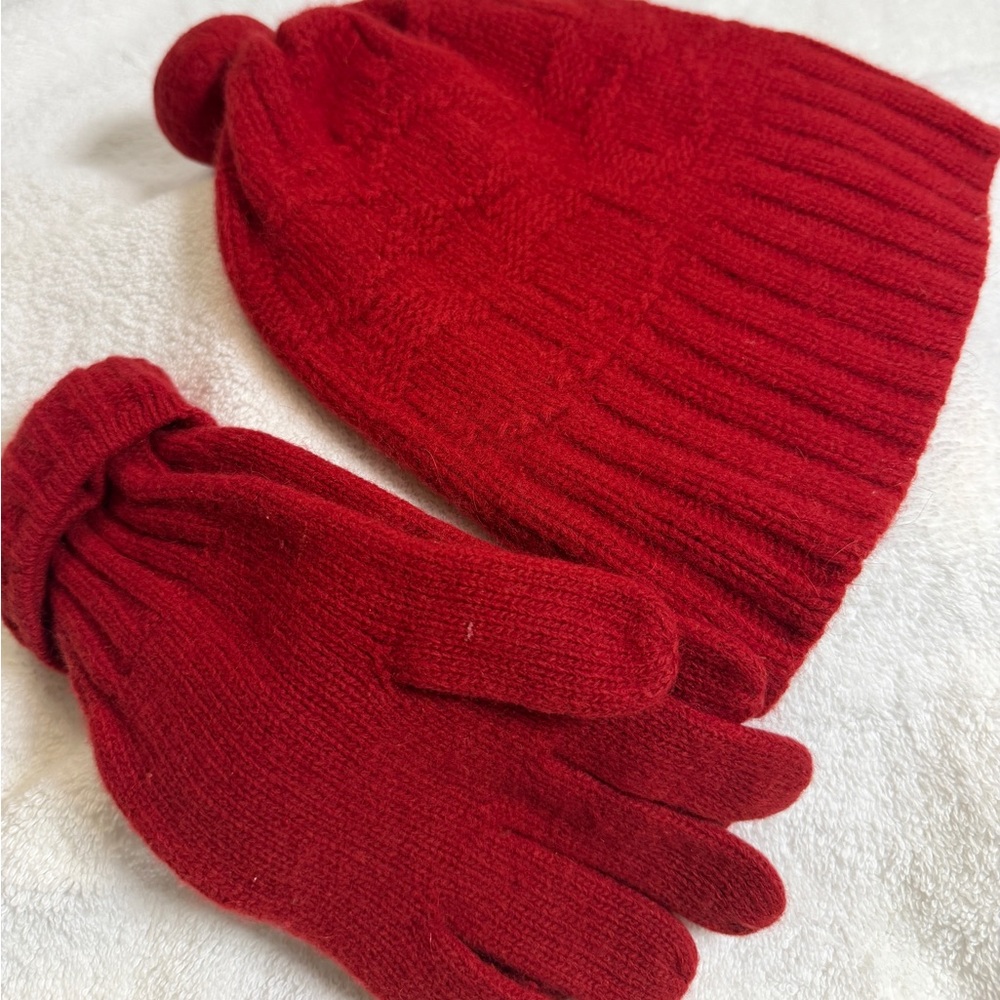 Coach Red Knit Pom Hat with Matching Gloves